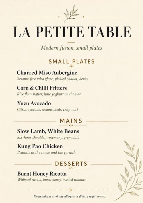 Sample menu from La Petite Table