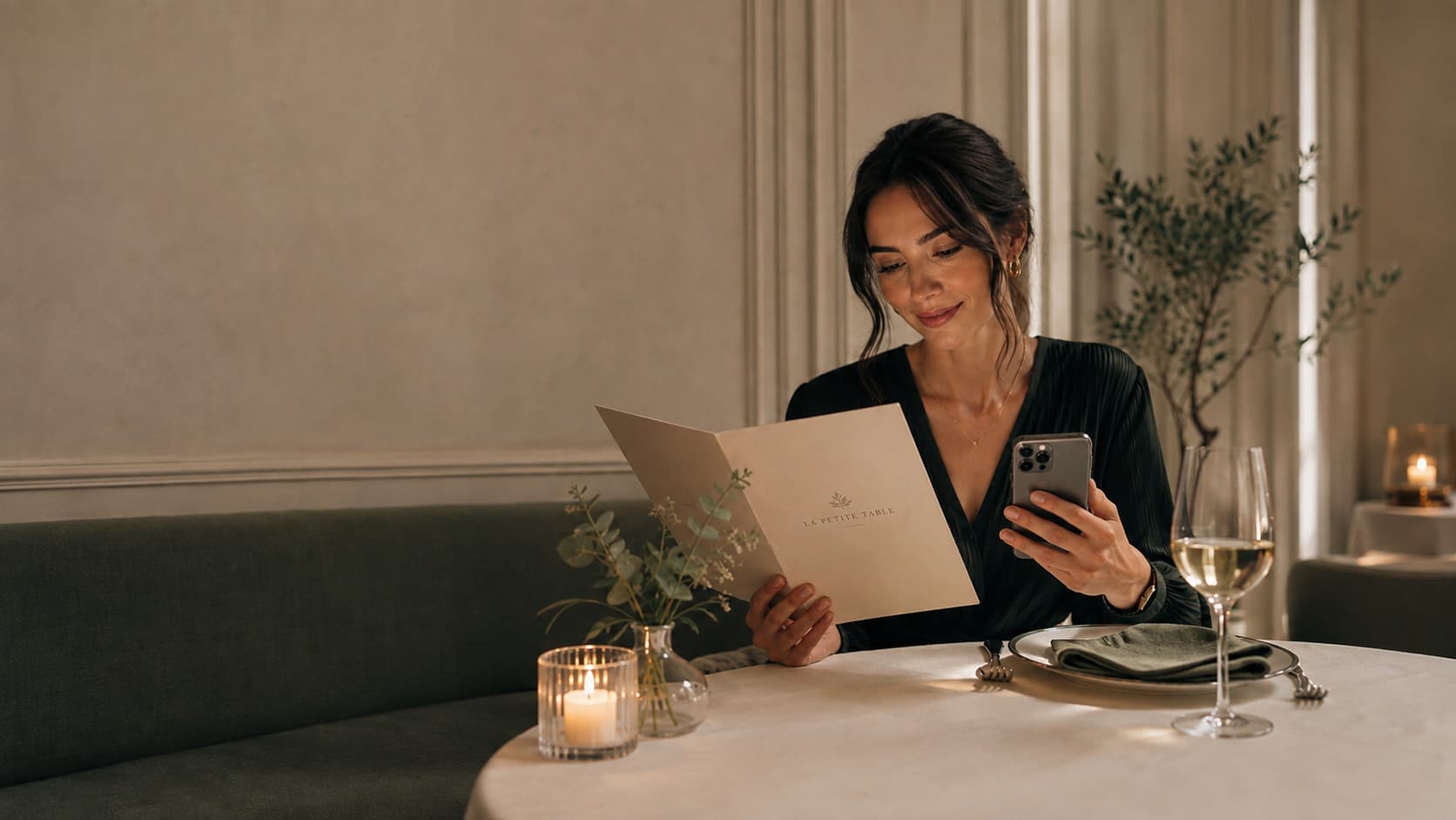 A diner checking Flavorwise on her phone